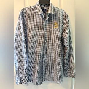 Baylor University Embroidered Tan, Green, Black Plaid Button-Down Shirt, Large
